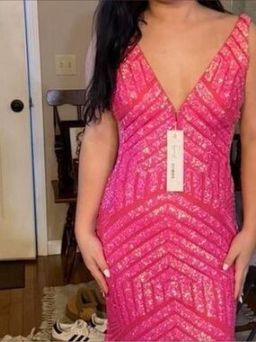 Jovani Hot Pink Sequin V-Neck Prom Dress
